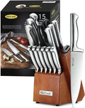 ® McCook 15-Piece German Stainless Steel Knife Set with Built-In Sharpener – Forged Kitchen Knives Block Set, High-Carbon Chef Knives, Durable Wooden Storage Block