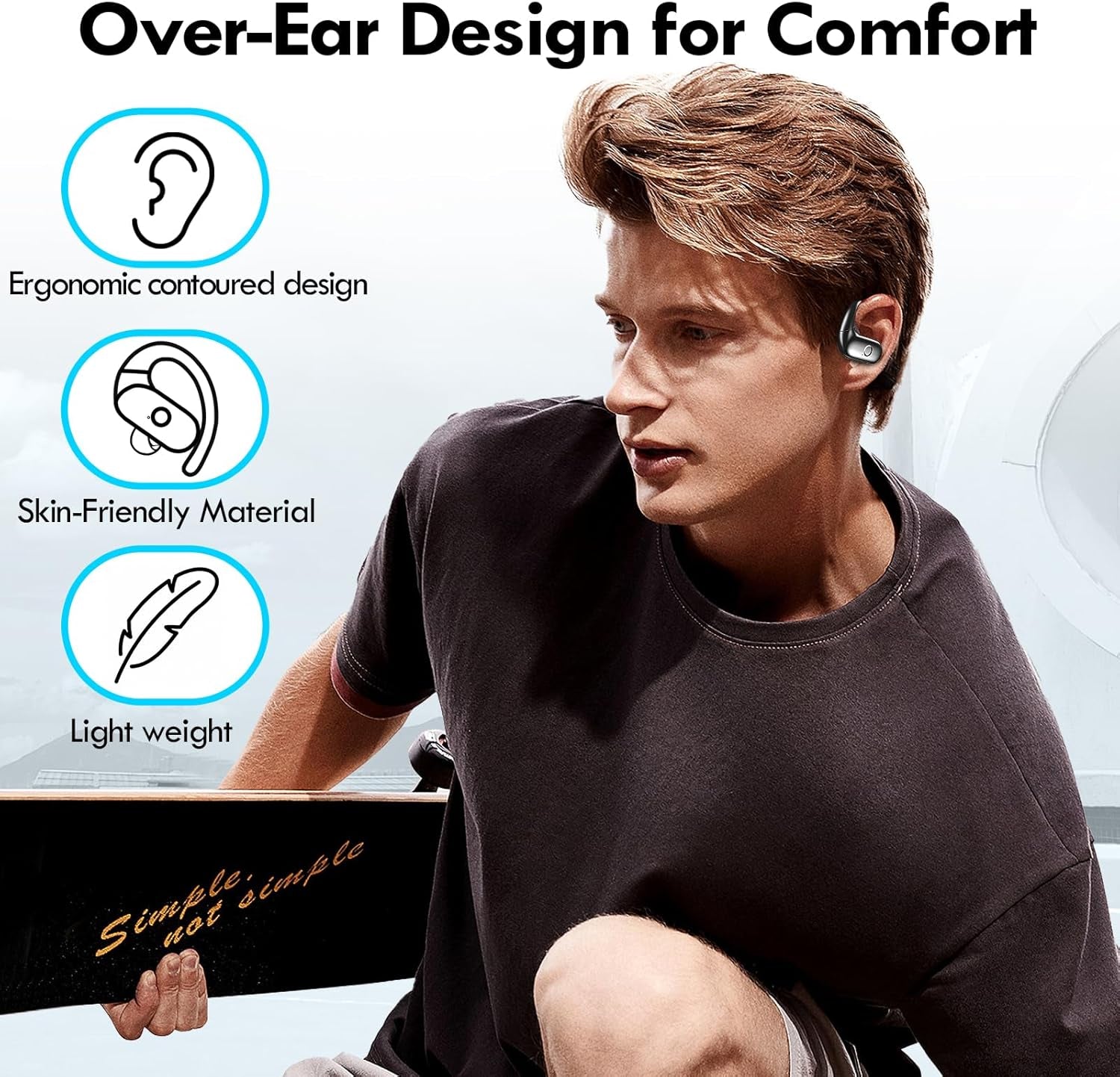 Wireless Bluetooth Earbuds for Sports with Deep Bass Sound, 60 Hours Playtime, Ergonomic Comfort Fit Earhooks for Running, Meetings, and Workouts - Black