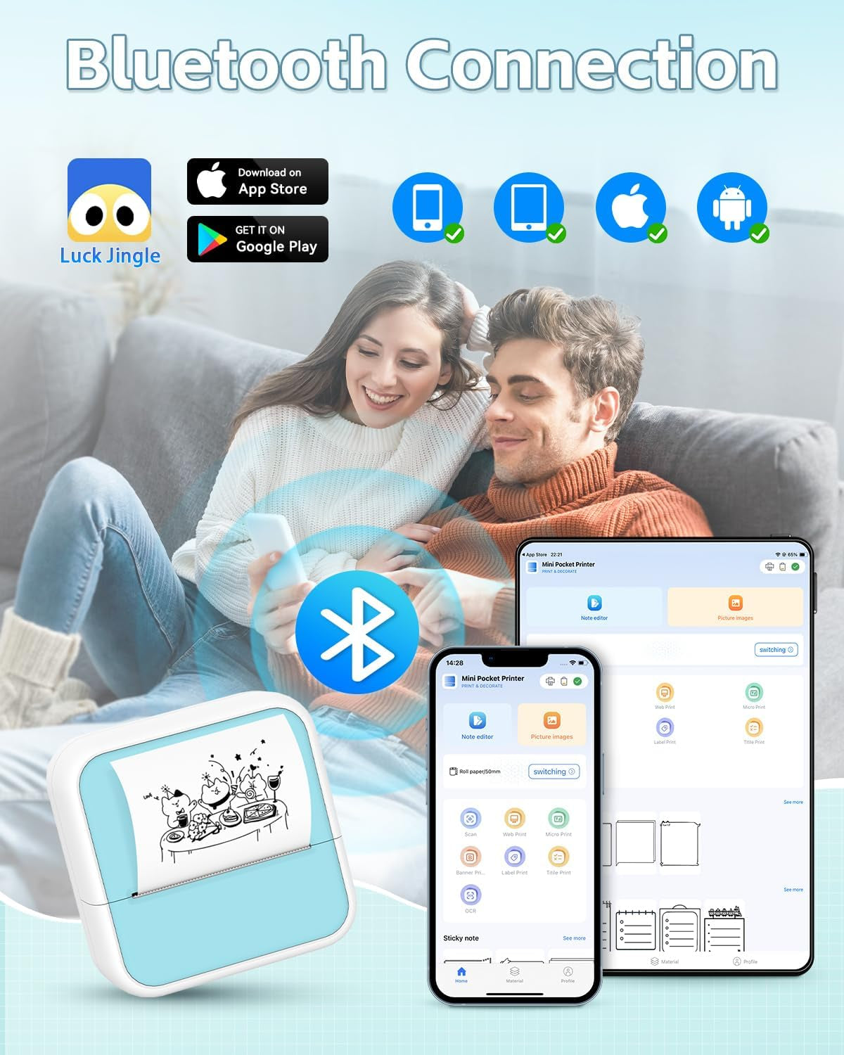 PrintPods Mini Sticker Printer - Bluetooth Thermal Printer for iPhone, Portable Inkless Sticker Maker for Notes, Journals, DIY Projects, and Gifts for Kids