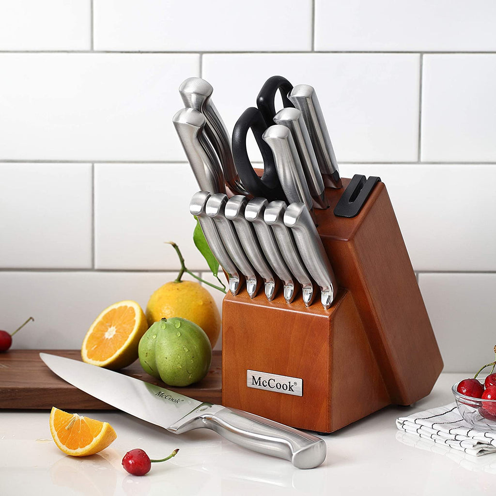 ® McCook 15-Piece German Stainless Steel Knife Set with Built-In Sharpener – Forged Kitchen Knives Block Set, High-Carbon Chef Knives, Durable Wooden Storage Block