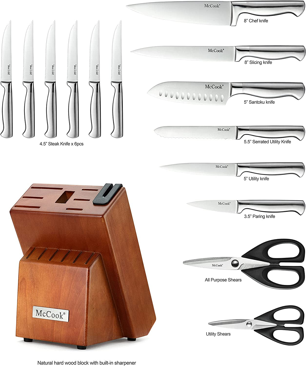 ® McCook 15-Piece German Stainless Steel Knife Set with Built-In Sharpener – Forged Kitchen Knives Block Set, High-Carbon Chef Knives, Durable Wooden Storage Block