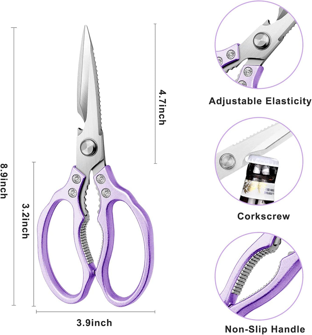 Professional Grade Kitchen Shears, Dishwasher Safe, Versatile Scissors for Meat, Poultry, Fish, Herbs, and Bread (Purple)