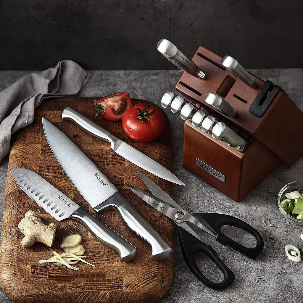 ® McCook 15-Piece German Stainless Steel Knife Set with Built-In Sharpener – Forged Kitchen Knives Block Set, High-Carbon Chef Knives, Durable Wooden Storage Block