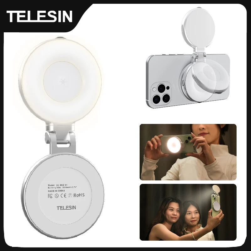 Magnetic Mini Selfie Fill Light for Smartphones – 3-Mode Adjustable Brightness | MagSafe Clip-On LED Light with Mirror for iPhone, Samsung, Xiaomi, Huawei