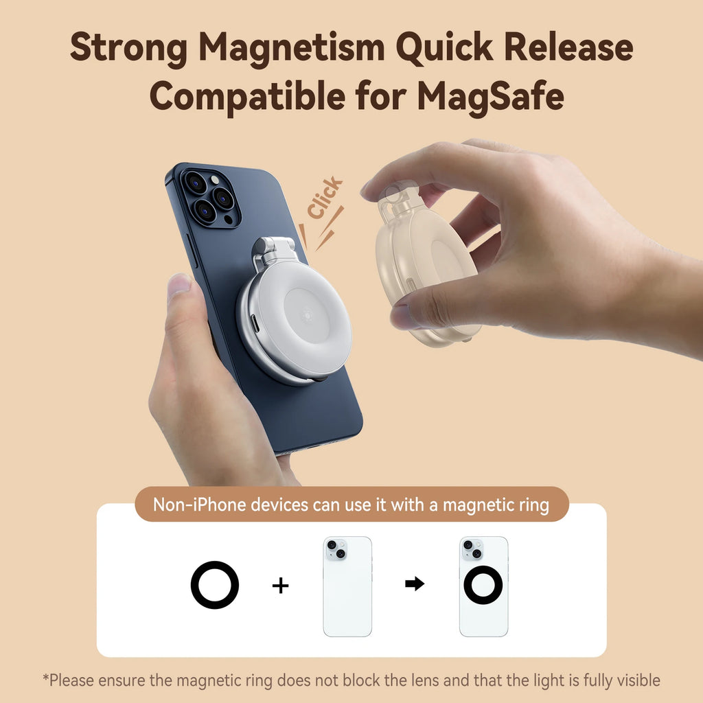 Magnetic Mini Selfie Fill Light for Smartphones – 3-Mode Adjustable Brightness | MagSafe Clip-On LED Light with Mirror for iPhone, Samsung, Xiaomi, Huawei