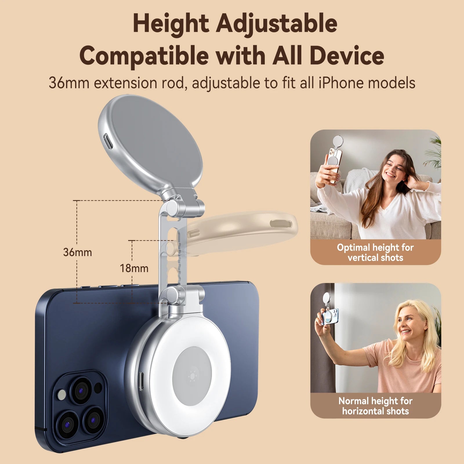 Magnetic Mini Selfie Fill Light for Smartphones – 3-Mode Adjustable Brightness | MagSafe Clip-On LED Light with Mirror for iPhone, Samsung, Xiaomi, Huawei