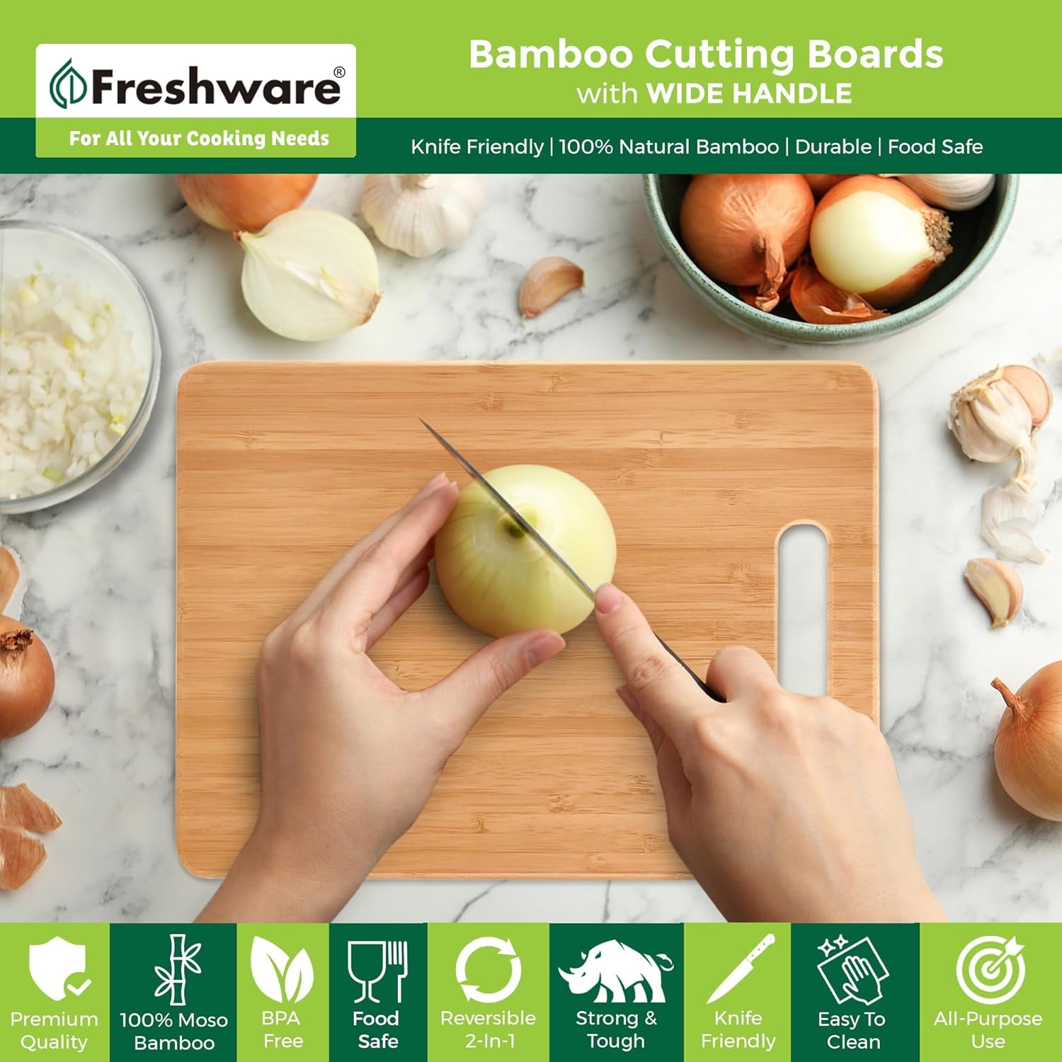Premium 3 Pieces Bamboo Cutting Board Set – Wooden Chopping Boards for Meat, Vegetables, Fruits & Cheese | Knife-Friendly, Eco-Friendly, and Durable Kitchen Essentials with Handles