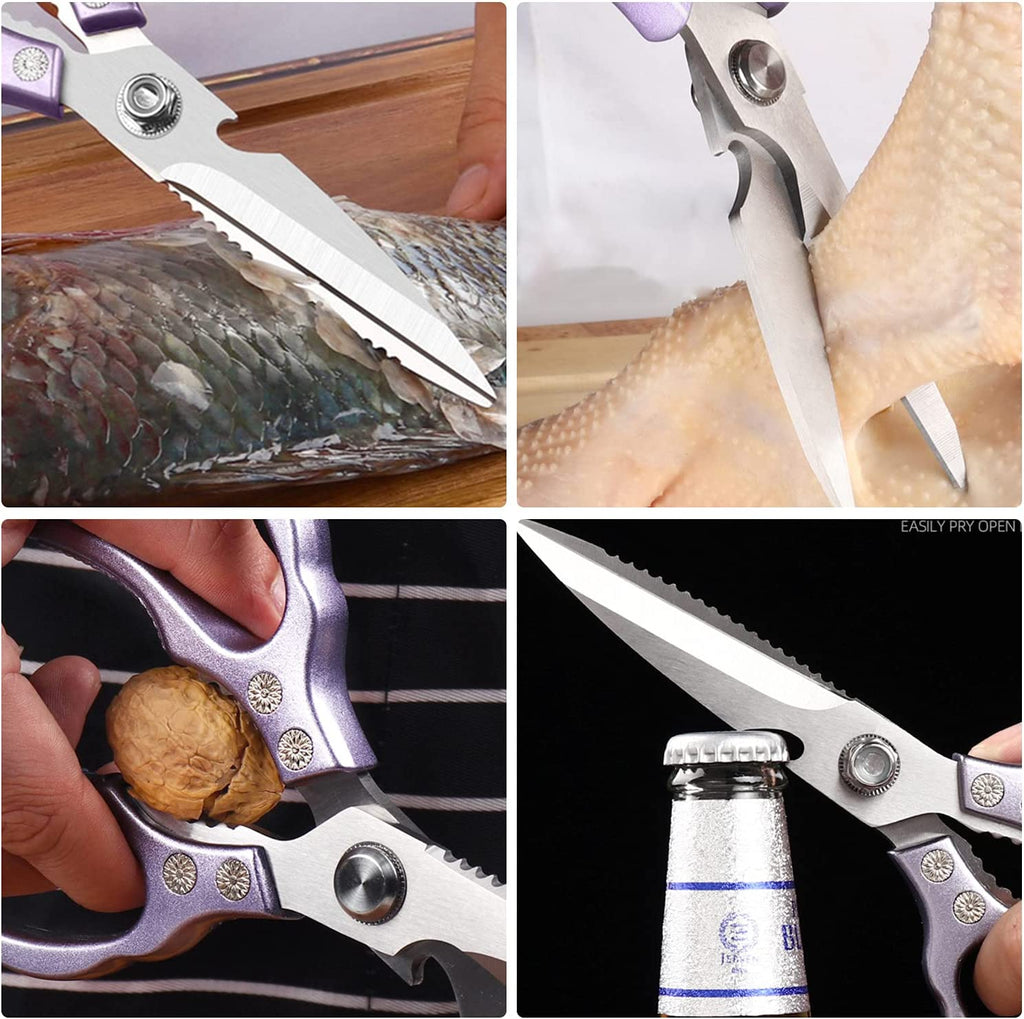 Professional Grade Kitchen Shears, Dishwasher Safe, Versatile Scissors for Meat, Poultry, Fish, Herbs, and Bread (Purple)
