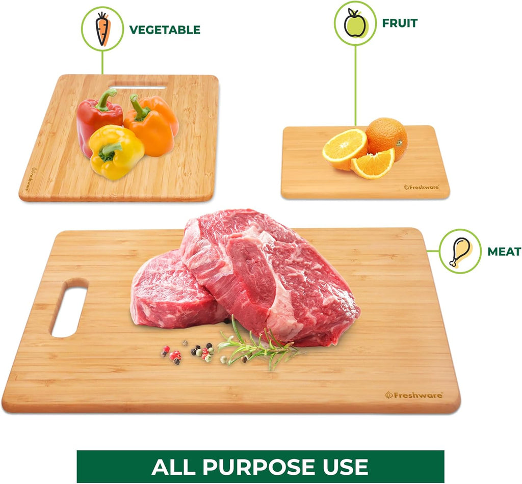 Premium 3 Pieces Bamboo Cutting Board Set – Wooden Chopping Boards for Meat, Vegetables, Fruits & Cheese | Knife-Friendly, Eco-Friendly, and Durable Kitchen Essentials with Handles