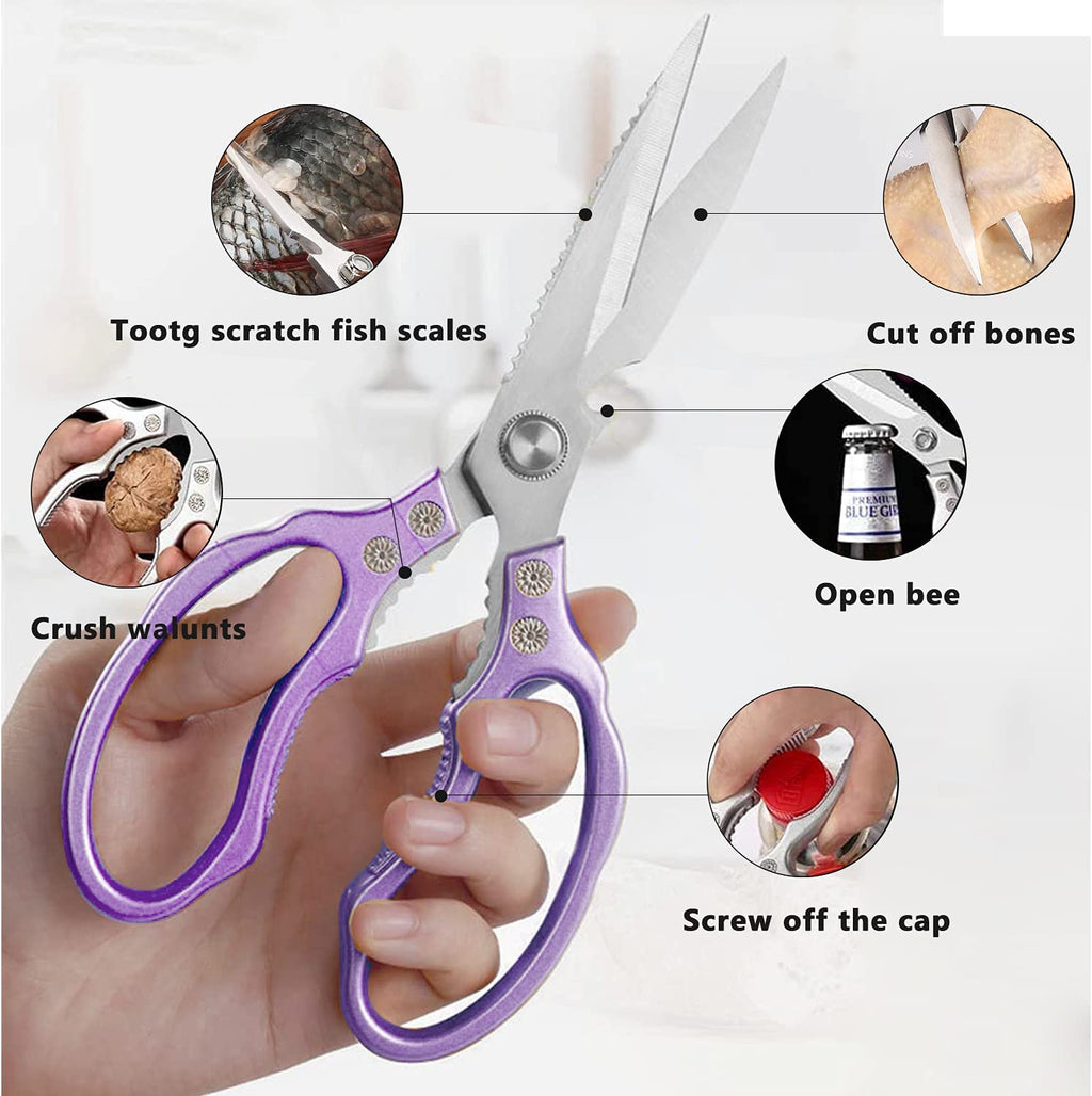 Professional Grade Kitchen Shears, Dishwasher Safe, Versatile Scissors for Meat, Poultry, Fish, Herbs, and Bread (Purple)
